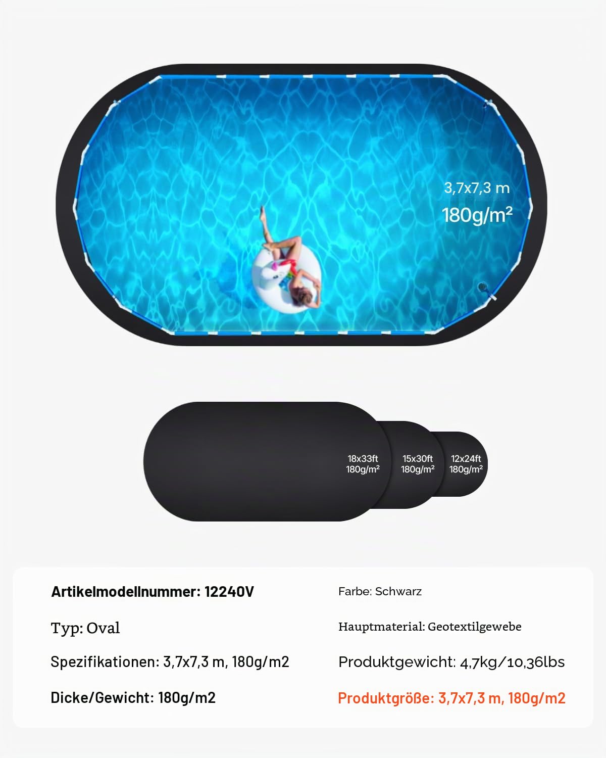 VEVOR Ovale Poolunterlage, 3,6x7,3 m, Bodenplane für oberirdische Schwimmbecken, extra Dicke Bodenschutzplane, Poolmatte aus Geotextilmaterial, verlängert die Lebensdauer der Folie