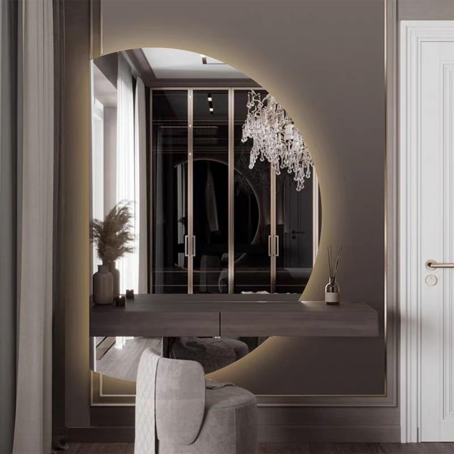 WQZzjm Dimmable 3 Colors LED Backlit Bathroom Mirror, Smart HalfCircle Mirror with Touch Switch, 51in AntiFog Design for Modern Vanities (Left Cut 35in)