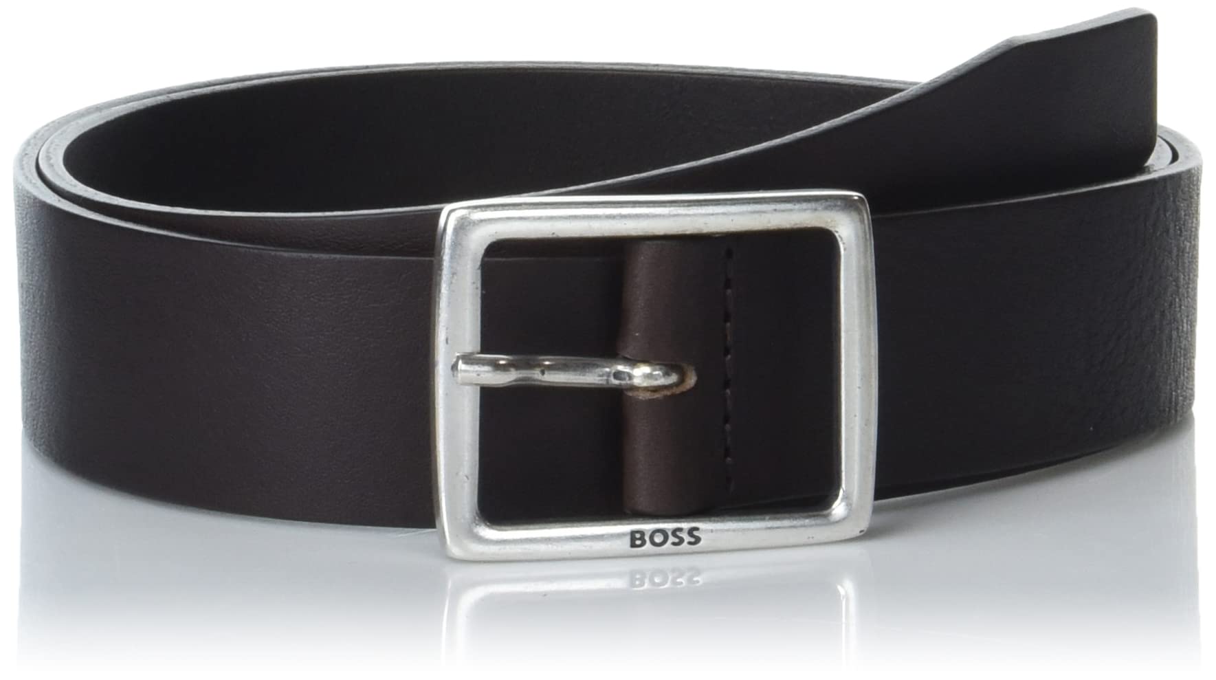 BOSSMen's Wide Silver Buckle Smooth Leather Belt
