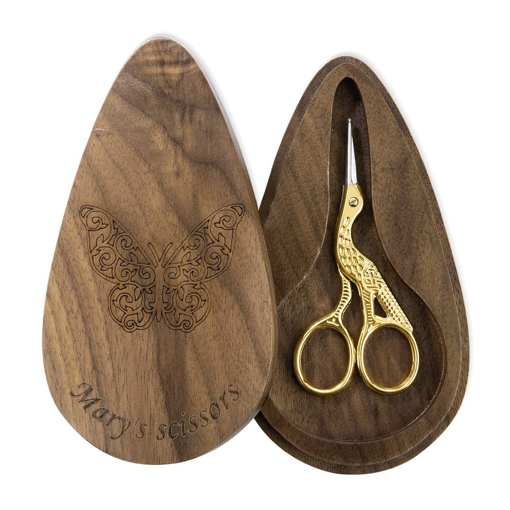 Tijeras de bordado personalizadas con caja de madera grabada, estilo europeo vintage, tijeras de costura de cigüeña, grúa, grúa, cigüeña, acero inoxidable, tijeras pequeñas doradas, tijeras de modista