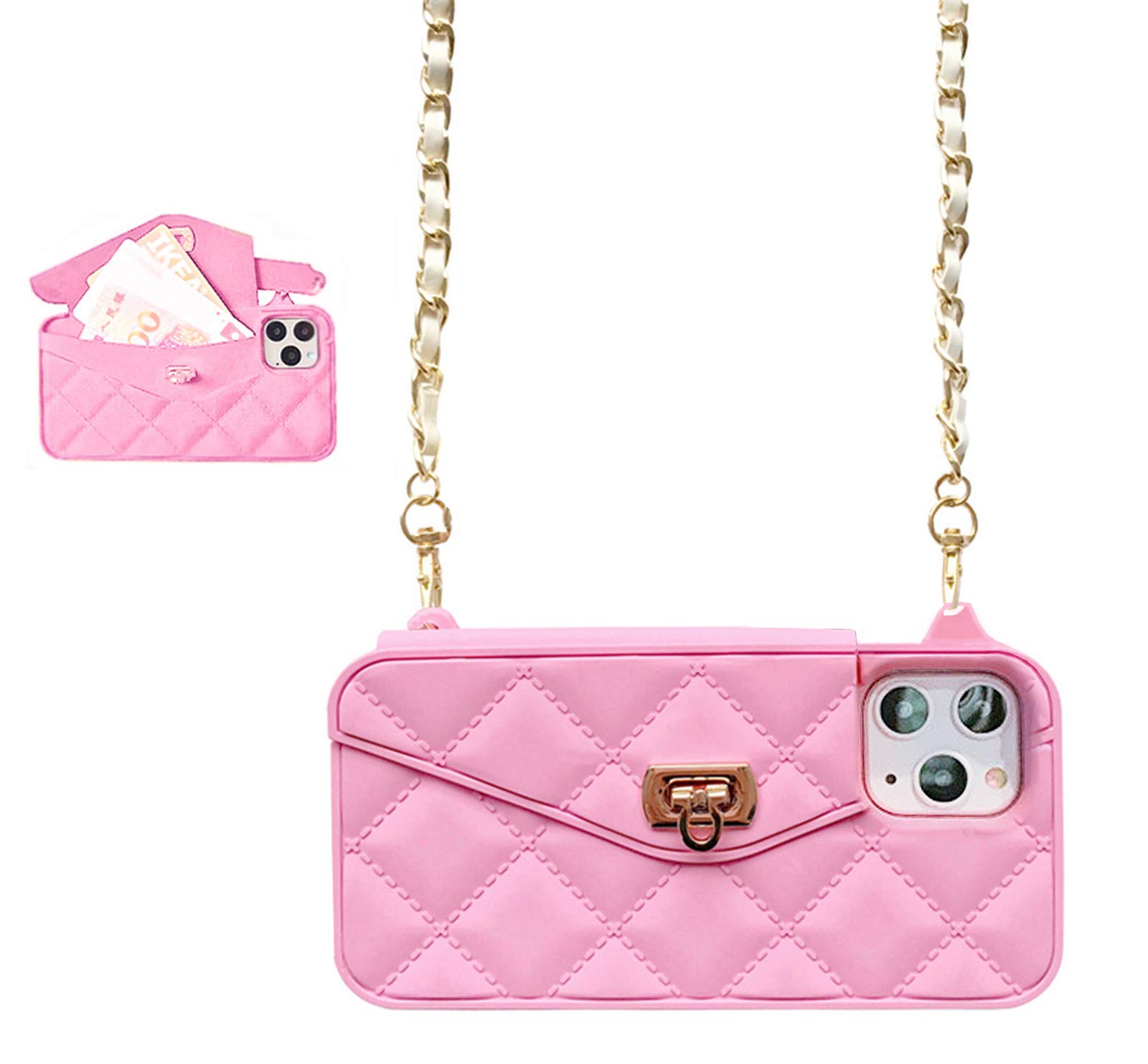 UnnFiko Wallet Case Compatible with iPhone 14 Pro, Cute Light Luxury Bag Design, Purse Flip Card Pouch Cover Soft Silicone Case with Handstrap Long