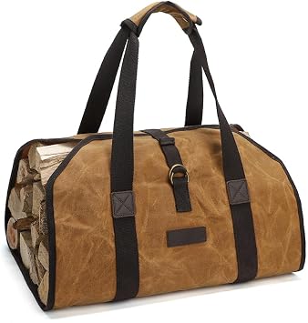 Firewood Carrier Bag Canvas Waxed Large Firewood Log Tote Carrying Indoor Bag Firewood Storage Tote Fire Place Log Holders Outdoor Fire Wood Carrier with Handless Brown
