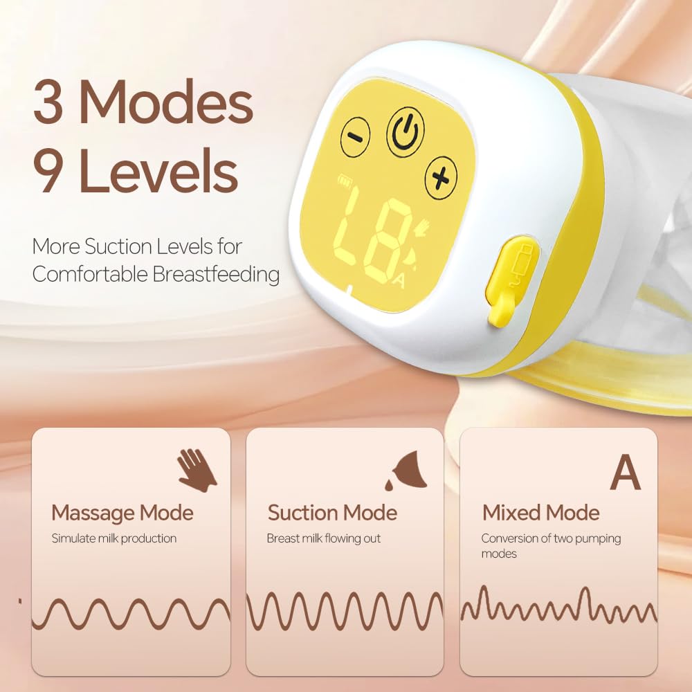 PumpMom-us Extractor de leche eléctrico portátil, doble manos libres, con 3 modelos y 9 niveles, recargable de bajo ruido con estuche de almacenamiento, taza de leche de 180 ml, sin BPA (paquete de 1)