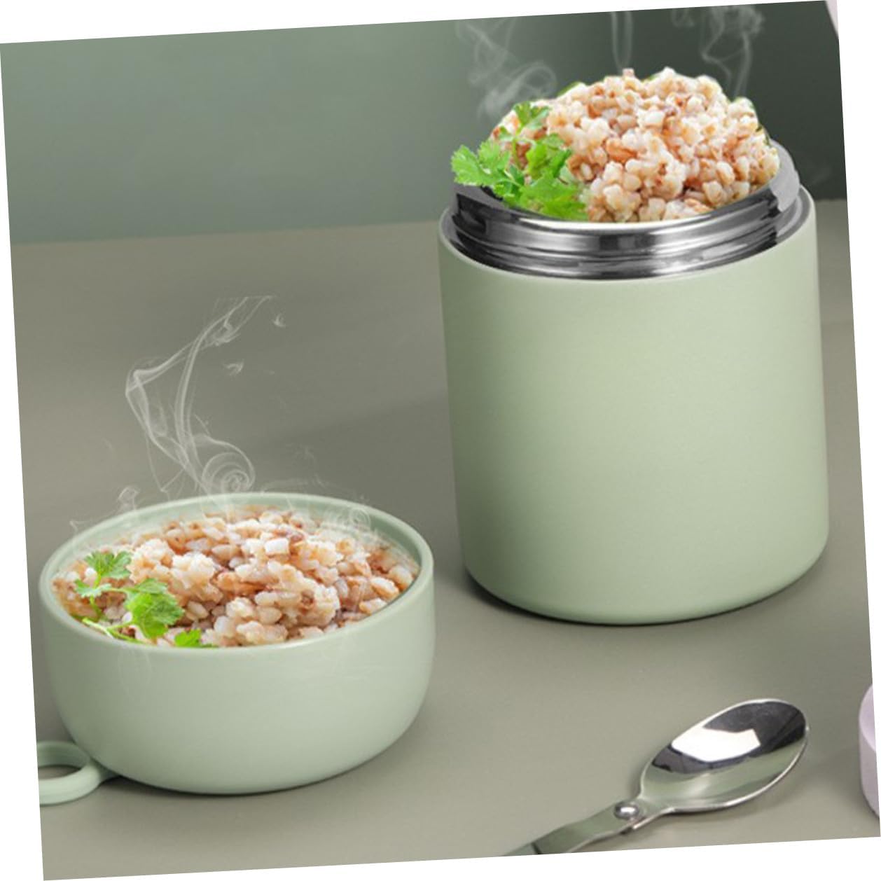 SHINEOFI Insulated Soup Cup with Foldable Spoon 500ml Thermal Food Jar Leakproof Portable Vacuum Lunch Container for Students and Office Workers Green