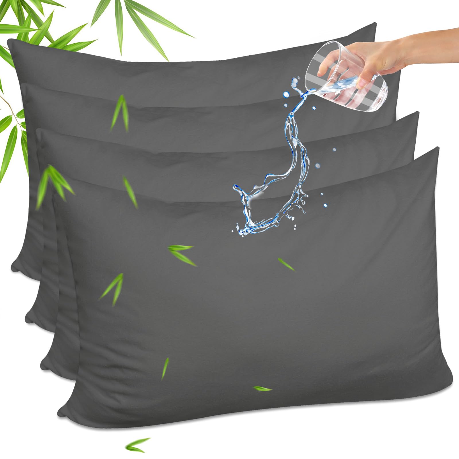 Gogreen Protector de almohada impermeable de rayón de bambú, funda de almohada transpirable, funda de almohada refrescante con cremallera, funda de almohada de rizo suave con cremallera (4 paquetes,
