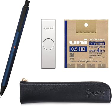 Kuru Toga Metal 0.5mm Silent Blue, Uni Metal Case + Uni Refill 0.5mm HB, Black slim pen case