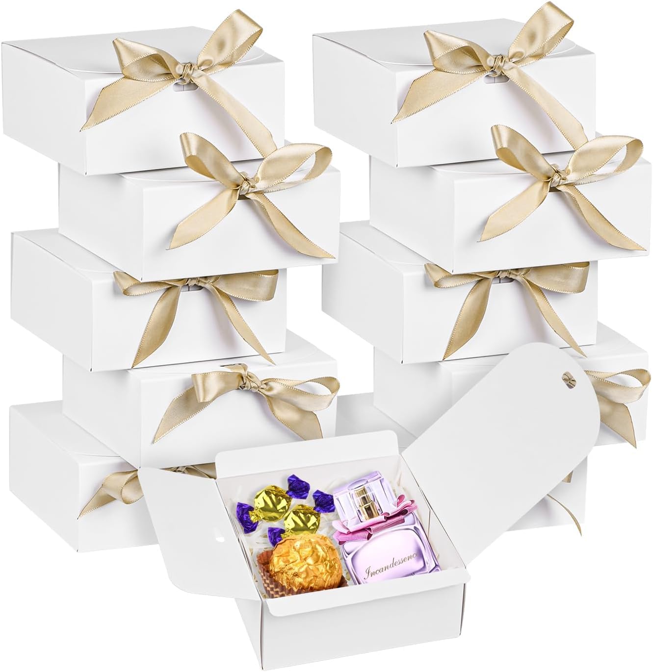 JOEBO 10 PCS Gift Boxes with Lids, 8 x 8 x 4 Inch Kraft Paper Presentation Boxes with Bow Ribbons for Weddings, Birthdays, Eid; Ideal for Chocolate, Jewelry, Crafting (White, 20 x 20 x 10 cm)
