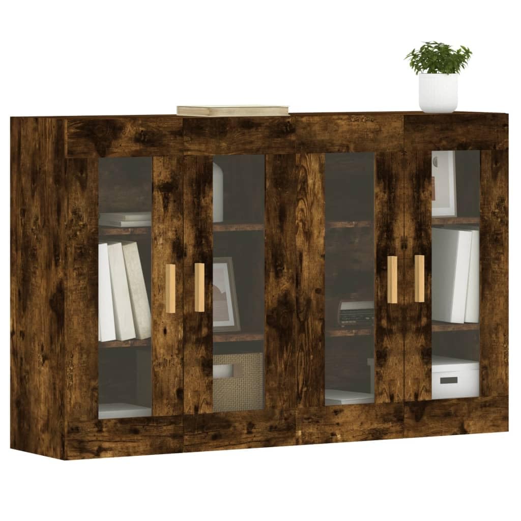 Armadietti a Parete 2 pz Rovere Fumo Legno Multistrato e Vetro | Set da 2 pensili con anta in vetro trasparente per organizzare stoviglie e oggetti in soggiorno o cucina.