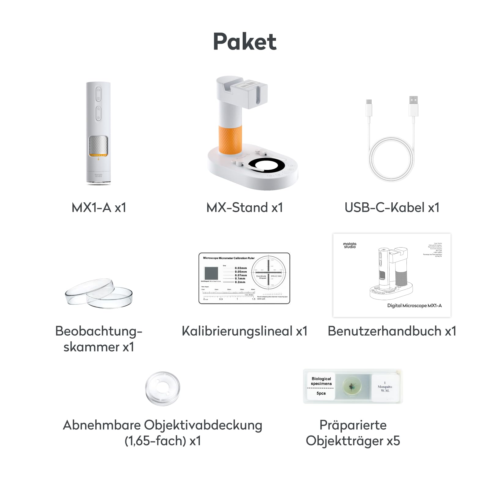 Mikroskop für Kinder, MatataStudio MX1-AS USB Digitales Mikroskop mit 3,5x-1000x, Multifunktionsstativ, 2*LEDs, Objektträger, unterstützt Foto/Video, Tragbares Handmikroskop für Handy & iPad