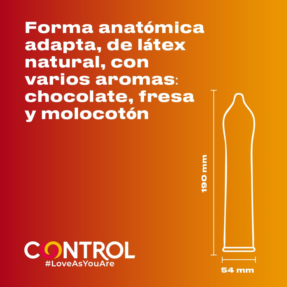 Control Preservativos Fussion, Caja 24 Condones Sabores Variados, Chocolate, Melocotón y Menta, Lubricados, Ajuste Óptimo para una Relación Segura