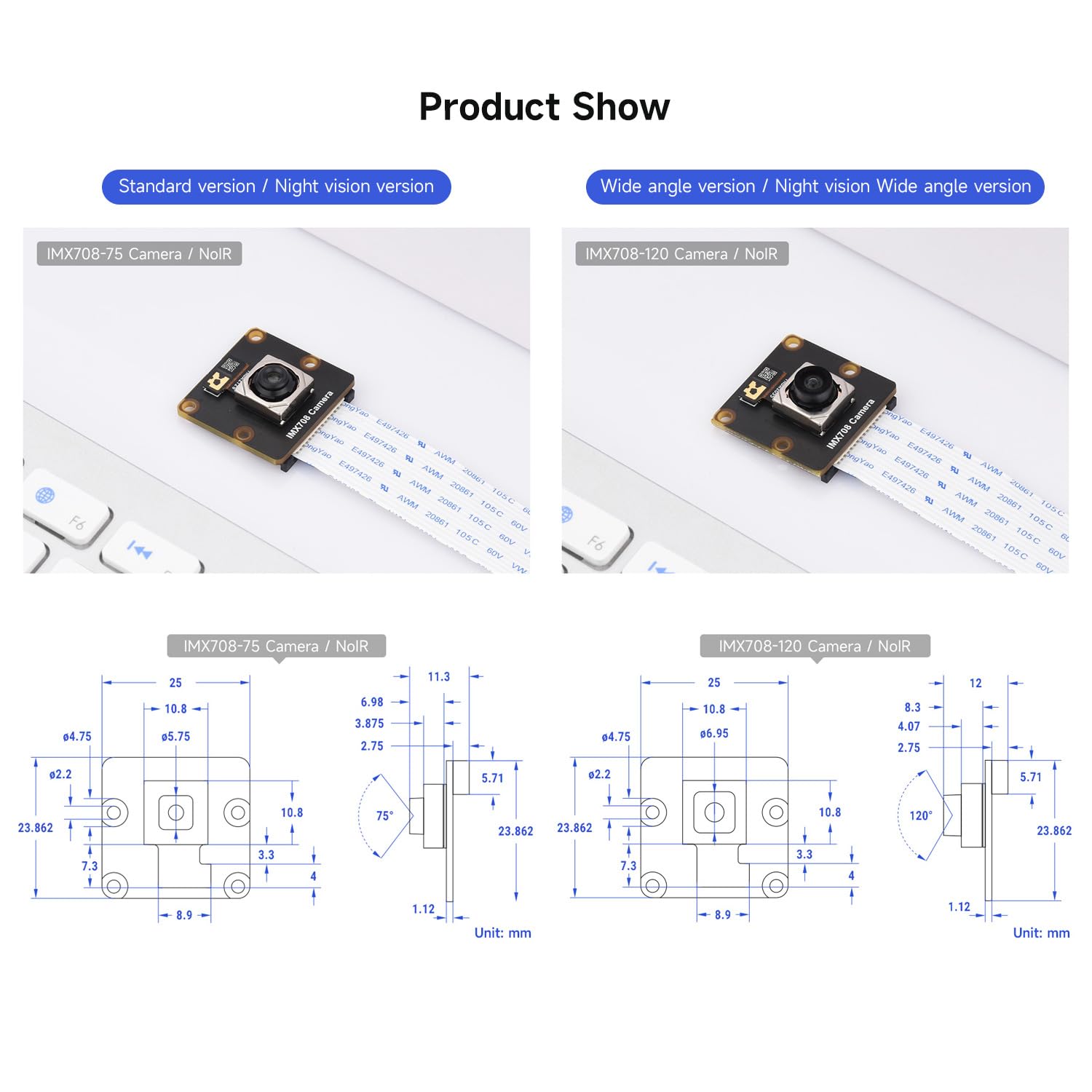 Waveshare IMX708 12MP High Resolution Camera Module, Featuring High Dynamic Range, with Wide Angle Version 120°