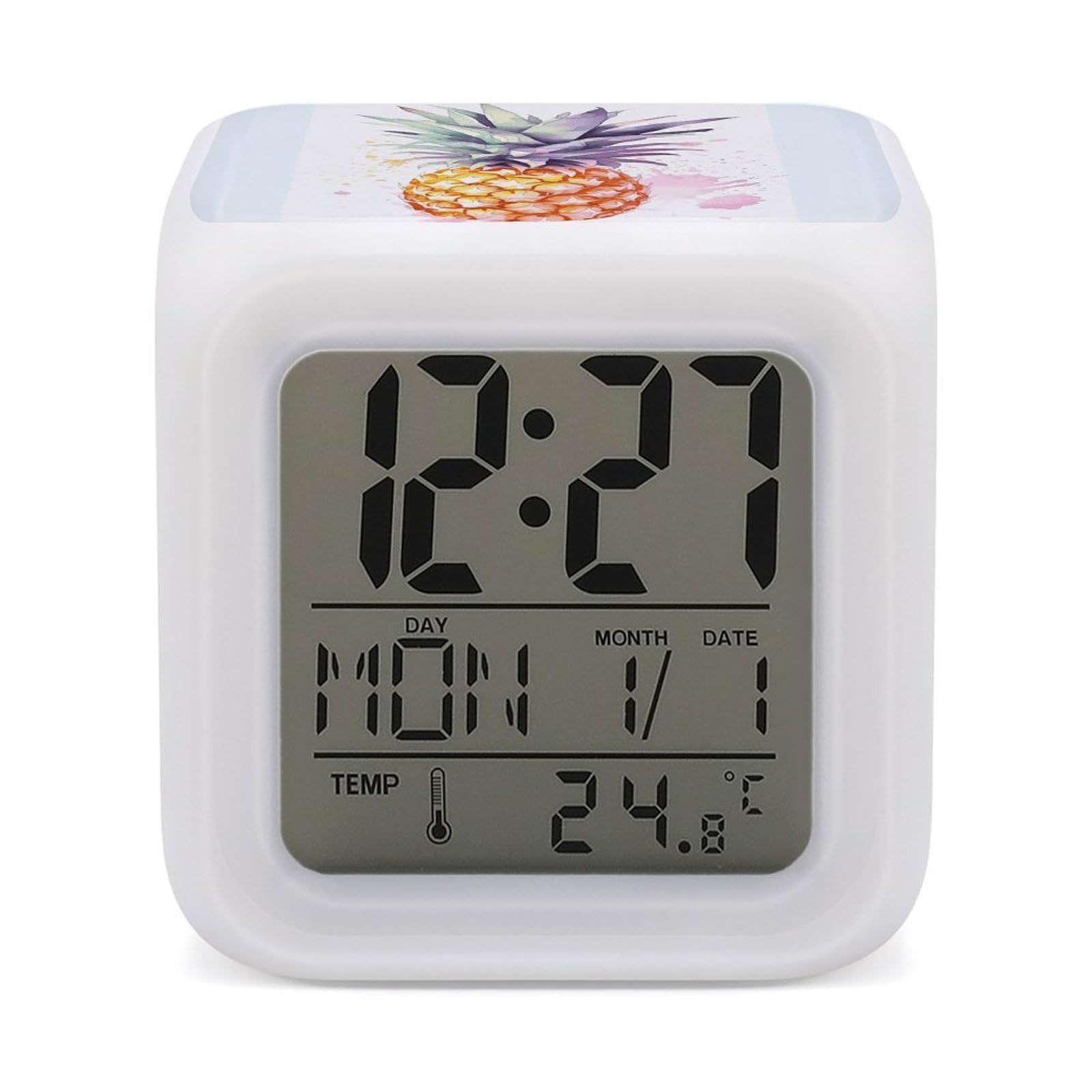 FekiLoot Pineapple Alarm Clock for Heavy Sleepers Small Digital Alarm Clock with Date Temperature Wake Up Digital Clocks with 7 Colors Changing Desk Clocks for Bedroom Bedside Nightstand