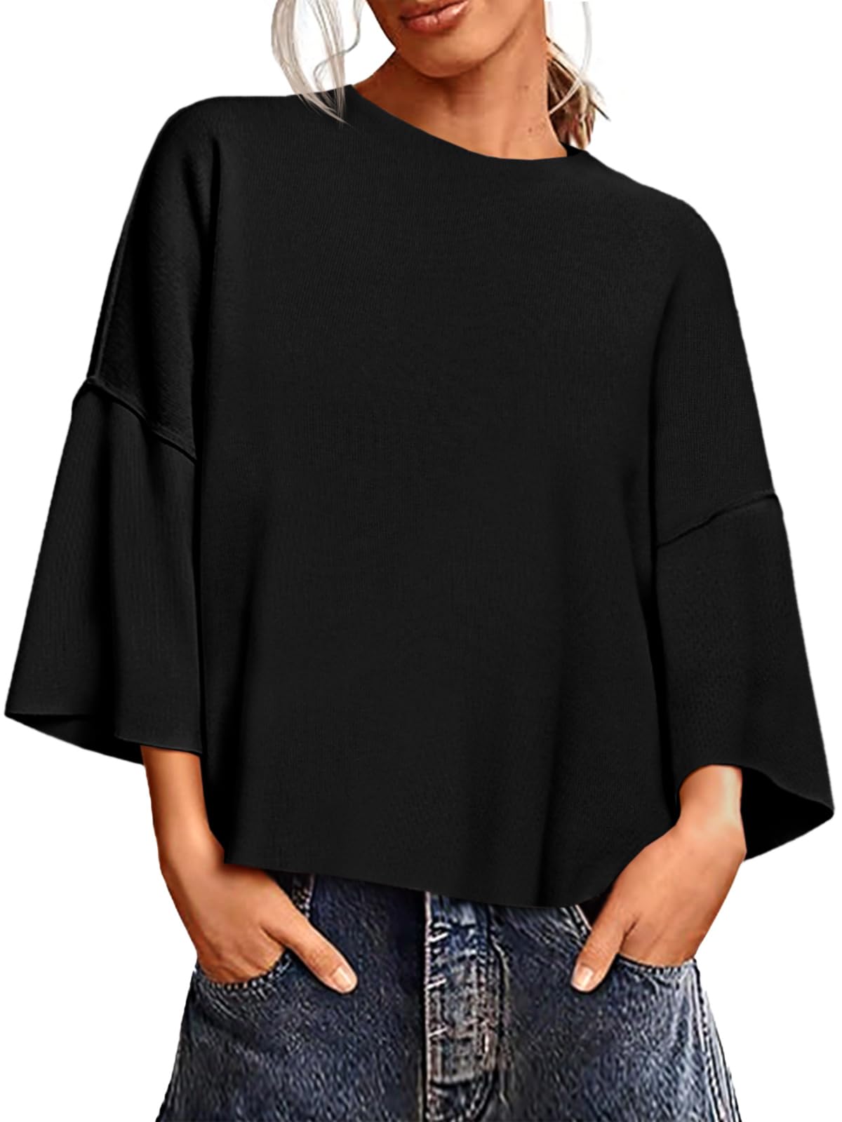 Saodimallsu Womens 3 4 Sleeve Sweaters Lightweight Crewneck Loose Pullover Casual Oversized Fall Knit Tops