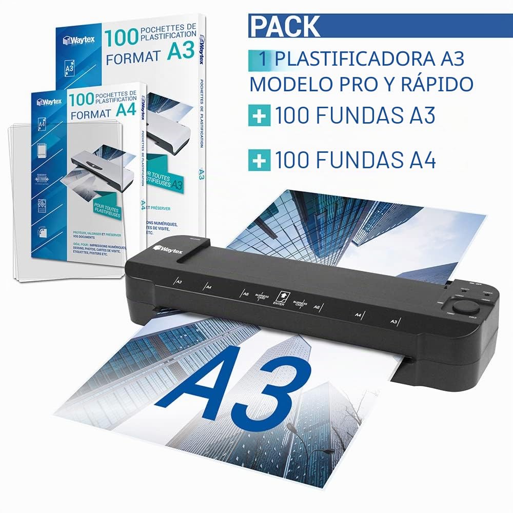 Plastificadora A3 A4 A5 A6 A7 Pro Ultra rápida en caliente y fría hasta 2 x 150 micras Temperatura ajustable Uso profesional intensivo – Pack con 100 fundas A4 + 100 fundas A3