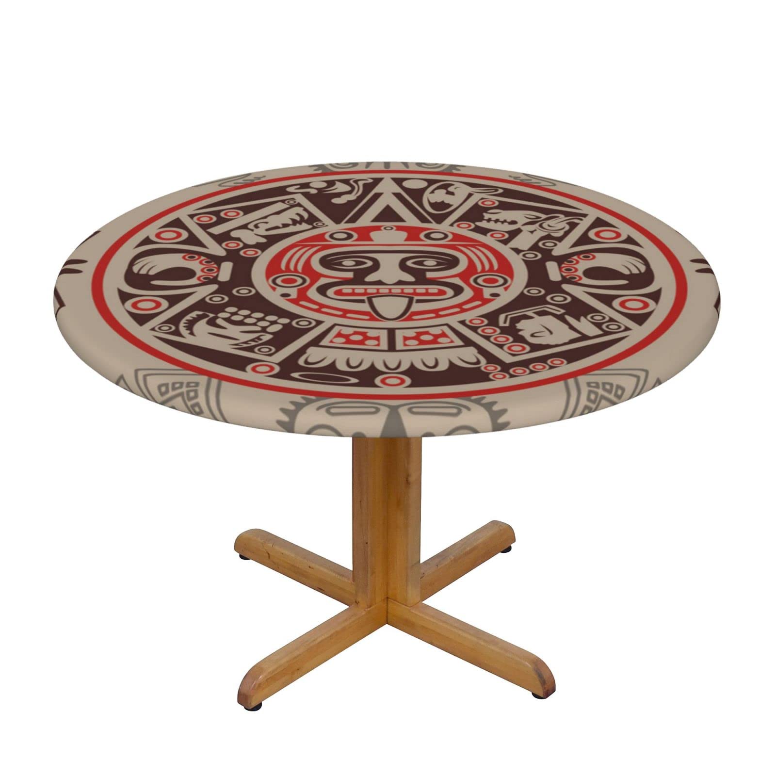 Lsjuee Round Fitted Tablecloth 45-50in Elastic Edged Table Cloth for Kitchen Dining Party Home Decor - Vintage Maya Tribe Symbol