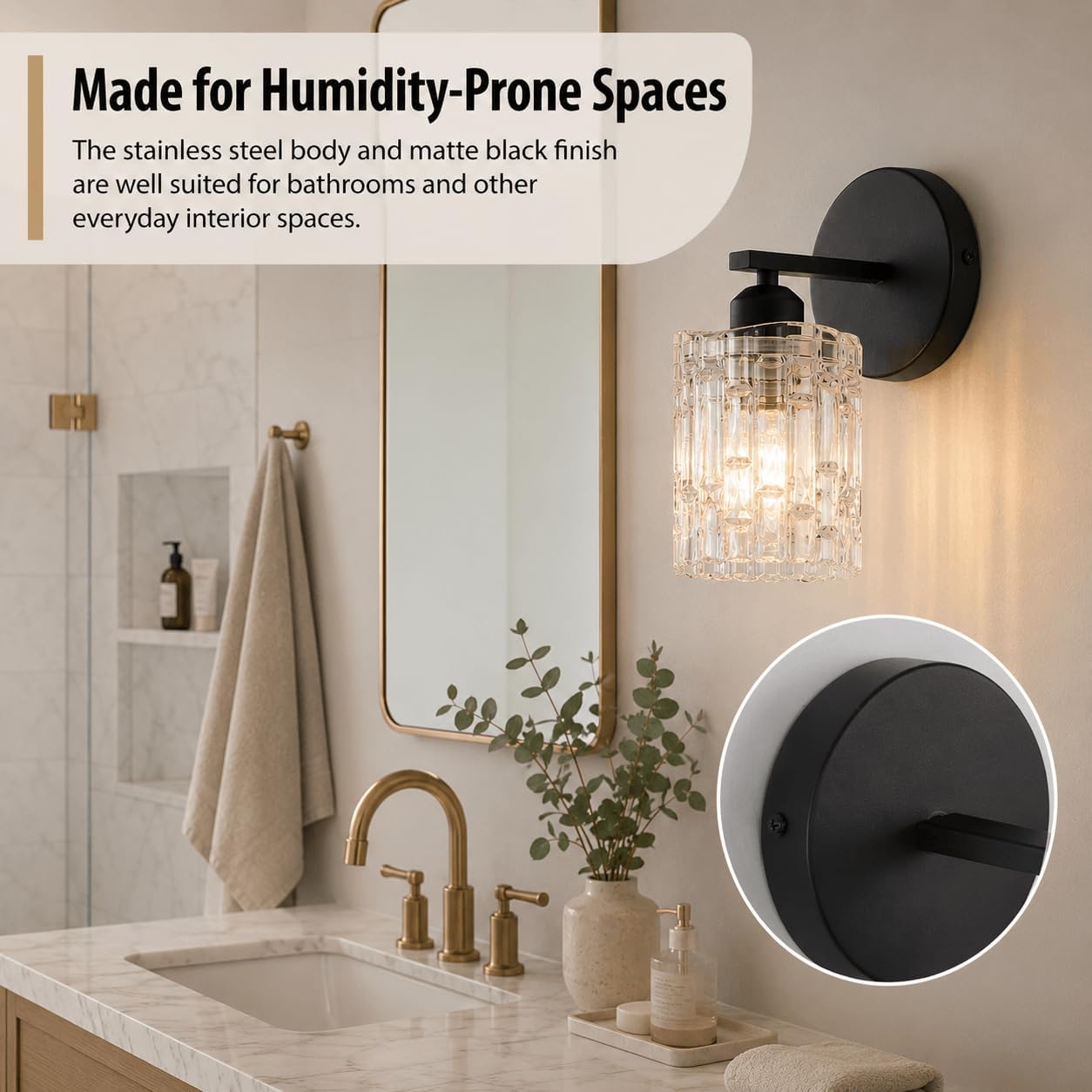 1-Light Modern Matte Black Crystal Wall Sconce, Hardwired Indoor Bathroom Vanity Light Fixture, Crystal Over Mirror Wall Lamp for Living Room, Bedroom, Hallway