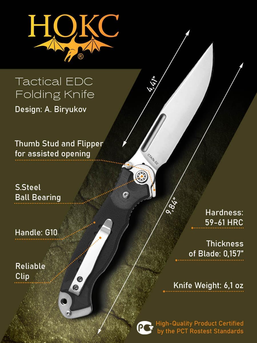 HOKC Officer's-2M | 320-100404 | Pocket Knife, EDC Knife by Official Dealer - Designed by Russian Master Aleksander Biryukov - Liner Lock, G10 Handle, Thumb Stud, Funger Flipper, Ball Bearing Pivot, Comfortable Pocket Clip, Long and Durable D2 Stainless Tool Steel Blade, Satin Finished - Ideal for Camping & Hunting