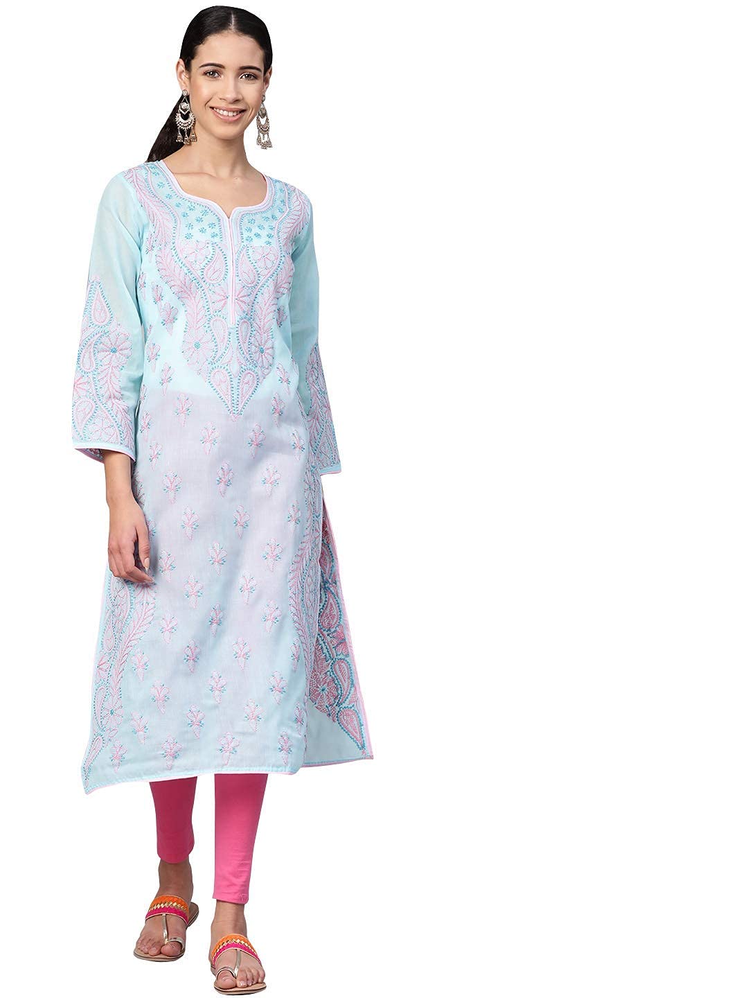 Ada Lucknowi Chikankari Hand Embroidered Straigh Cotton Kurta Kurti Tunic for Women A253605