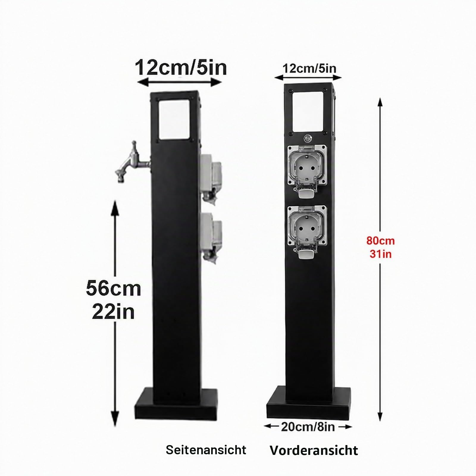 Wassersäule Garten mit Wasserhahn, Wasserzapfsäule Edelstahl 304 Frostbeständig, LED, Steckdose IP66, Gartenwassersäule Freistehend für Terrasse Hof(80cm/31in)