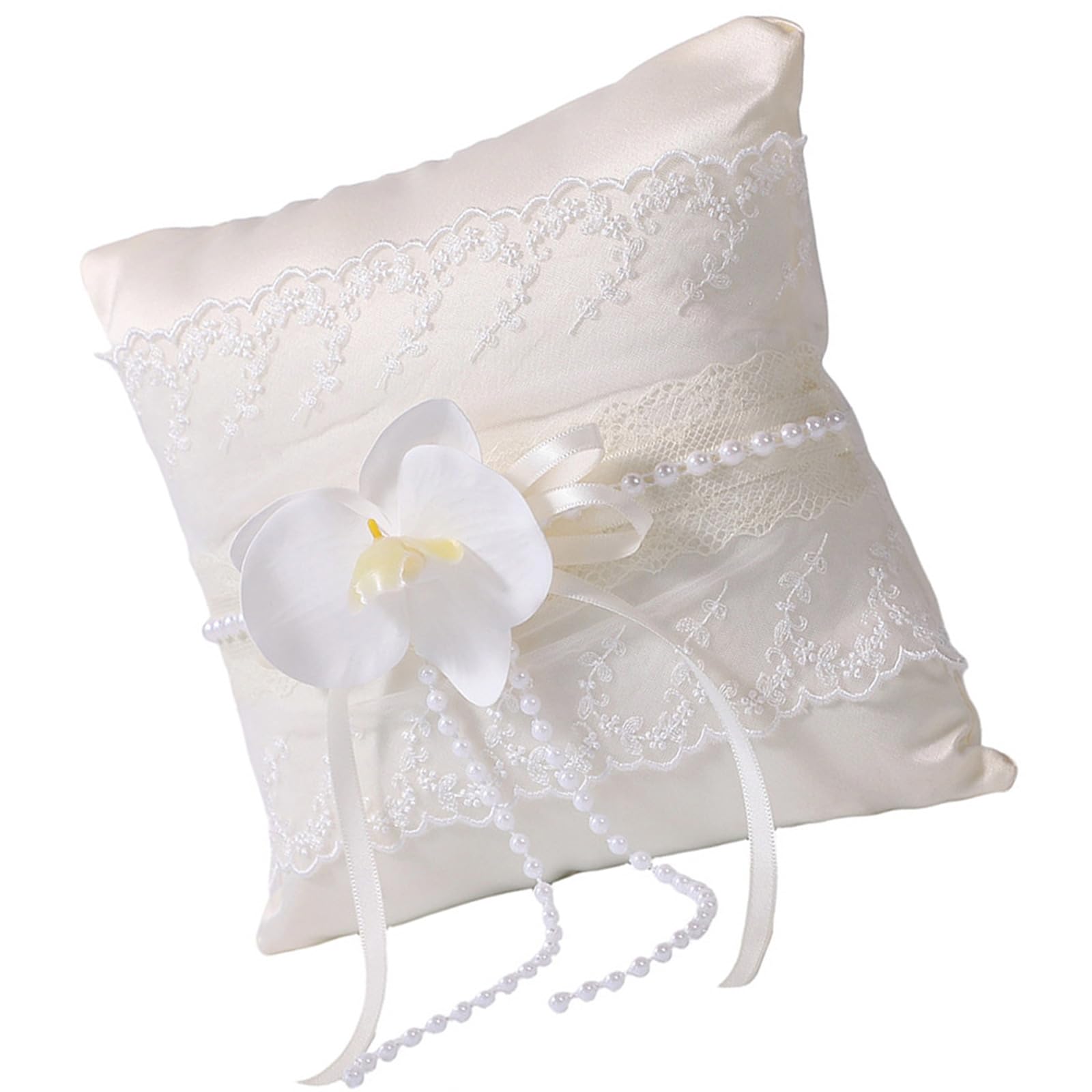 HDOYTXXM White Wedding Bearer Pillow with Rhinestones & Lace Bows for Ceremonies, Beach Parties Decorative Cushion Wedding Ceremony Decor