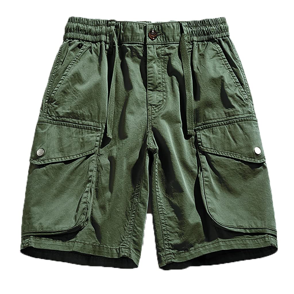 Kolongvangiee Cargo Shorts Elastic Waist Drawstring Cotton Casual Outdoor Lightweight Shorts with Multi Pockets