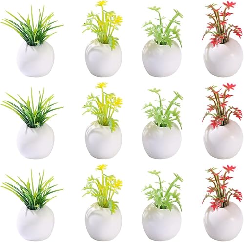 NOLITOY 12 mini plantas artificiales en maceta, maceta falsa en miniatura, simulación, bonsái, césped decorativo, vegetación en macetas para