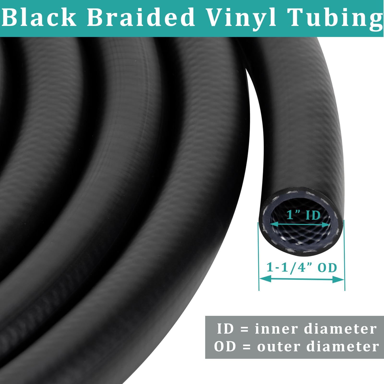 Tubo de vinilo reforzado negro de 1 pulgada de diámetro interior x 25 pies, flexible de PVC, trenzado híbrido, tubo de línea de agua grueso de alta presión con 2 abrazaderas, a prueba de