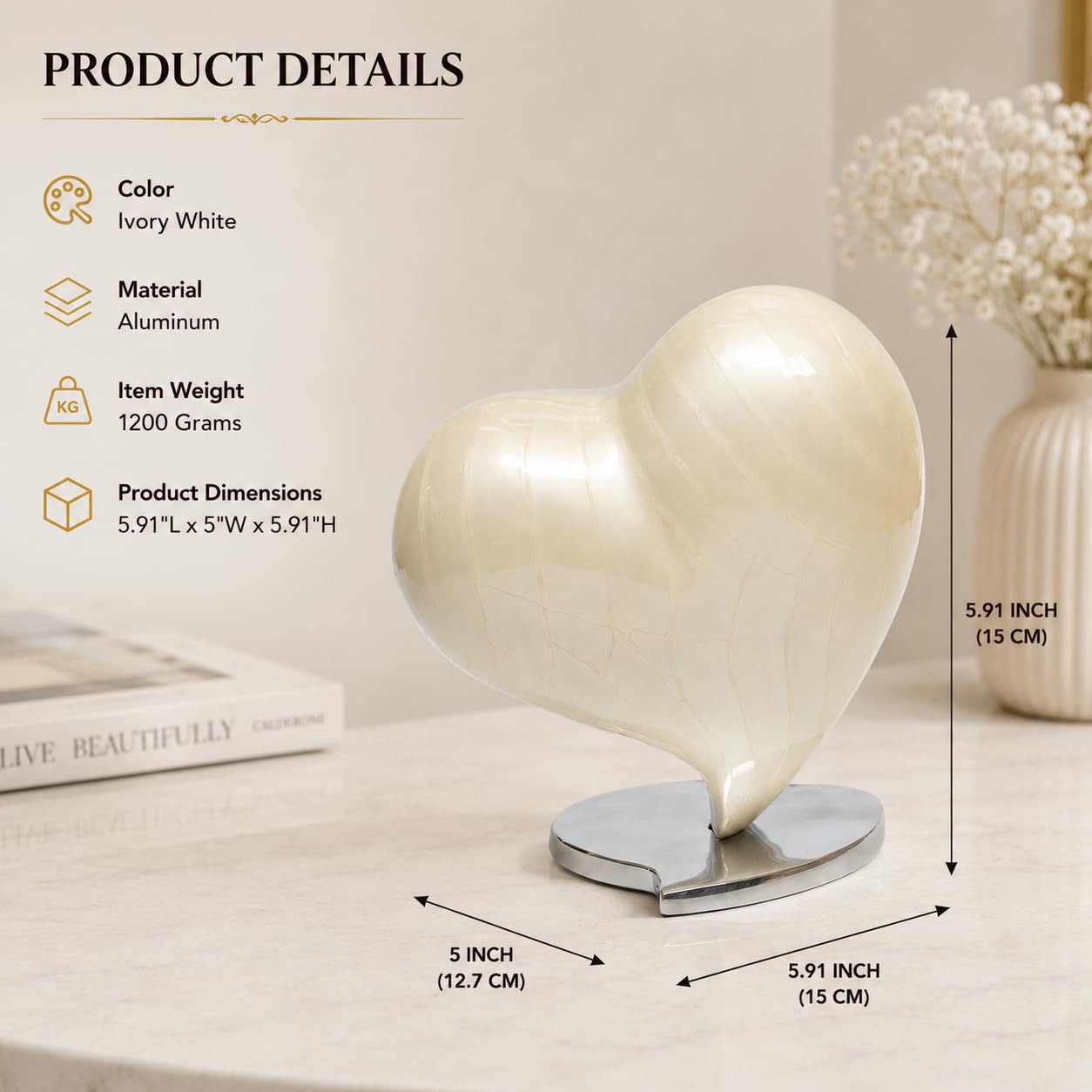 Urns for Ashes Memorial Funeral Cremation Adult Human Child Love Urns Decorative Heart (Pearl, 6") RHM02-03