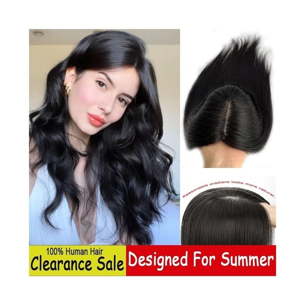 Topper for capelli umani con frangia for donna, densità 130 | Base in seta 10 * 12 cm，Clip for parrucchino superiore for capelli diradati(10inch,Black)