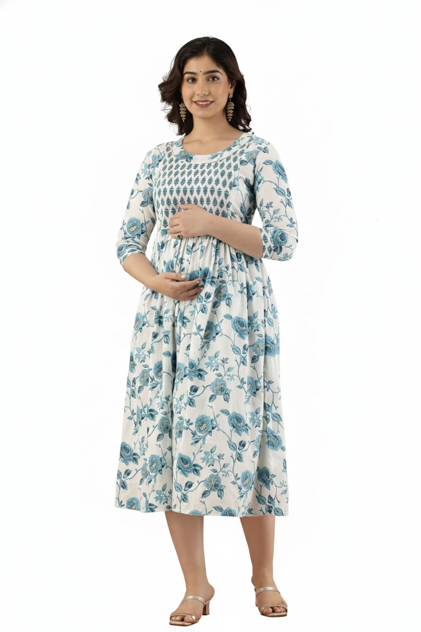 Floral Print Maternity Nursing Dress, Cotton Empire Waist Midi Kurti with Blue Floral Pattern, 3/4 Sleeve, Round Neck, A-Line Style-image-34