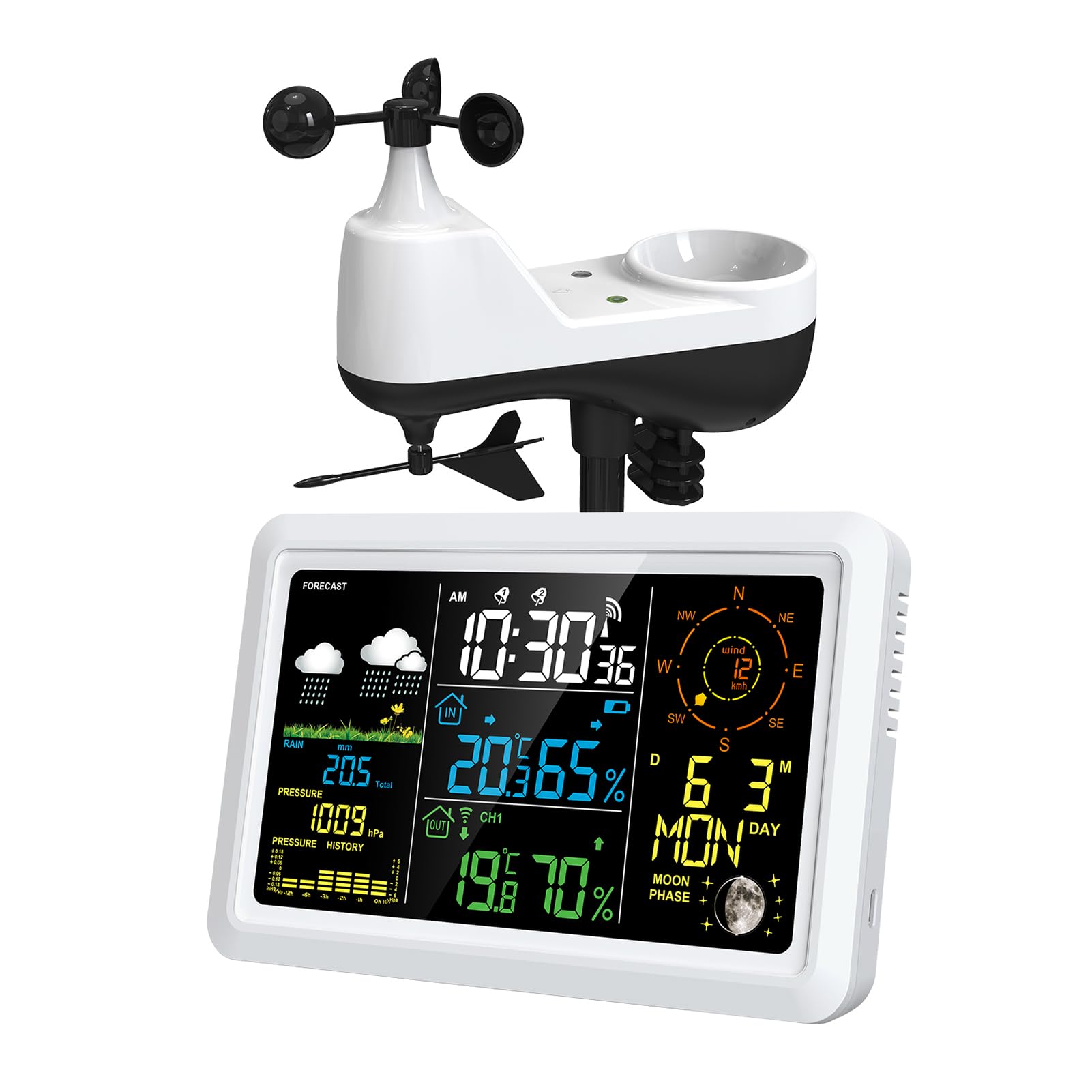 Wetterstation mit Außensensor Innen-/Außenthermometer mit 7,5-Zoll-VA-LCD-Bildschirm Wettervorhersage Temperatur Luftfeuchtigkeit Luftdruck Windgeschwindigkeit und -richtung Mondphase