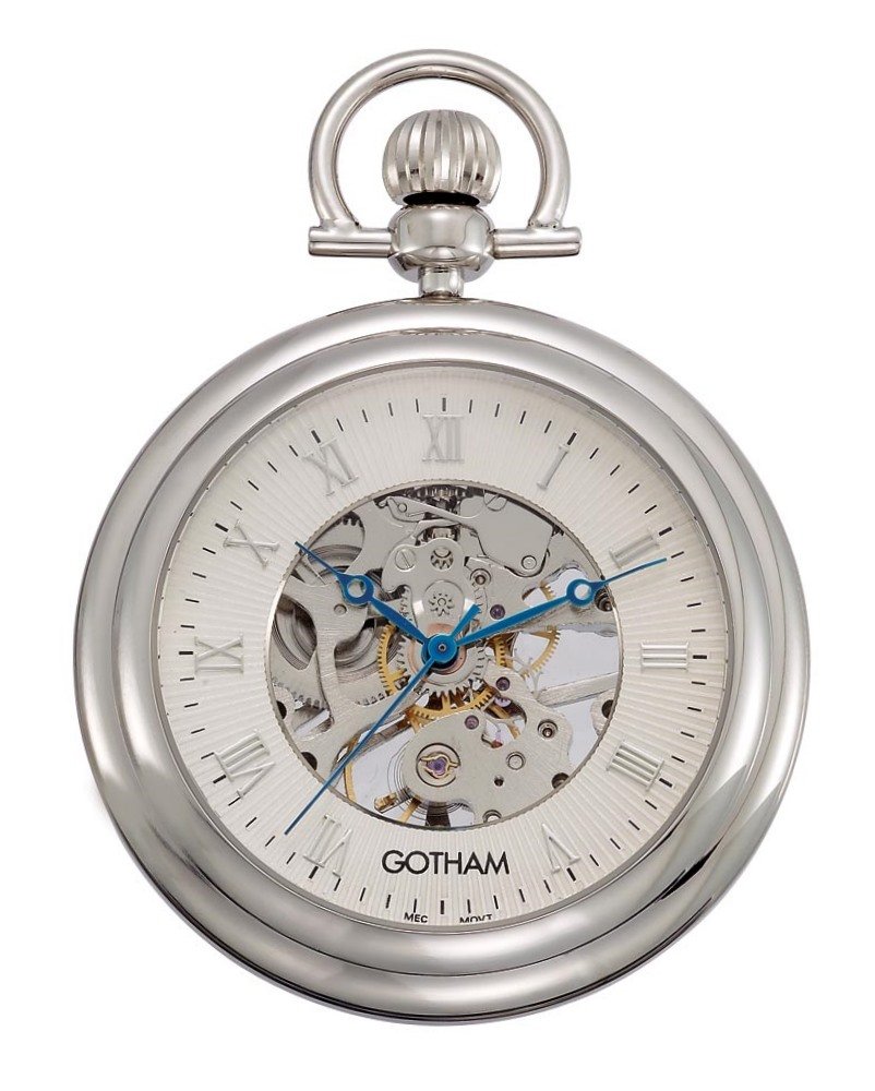 Gotham Mens Silver Tone 17 Jewel Exhibition Mechanical Pocket