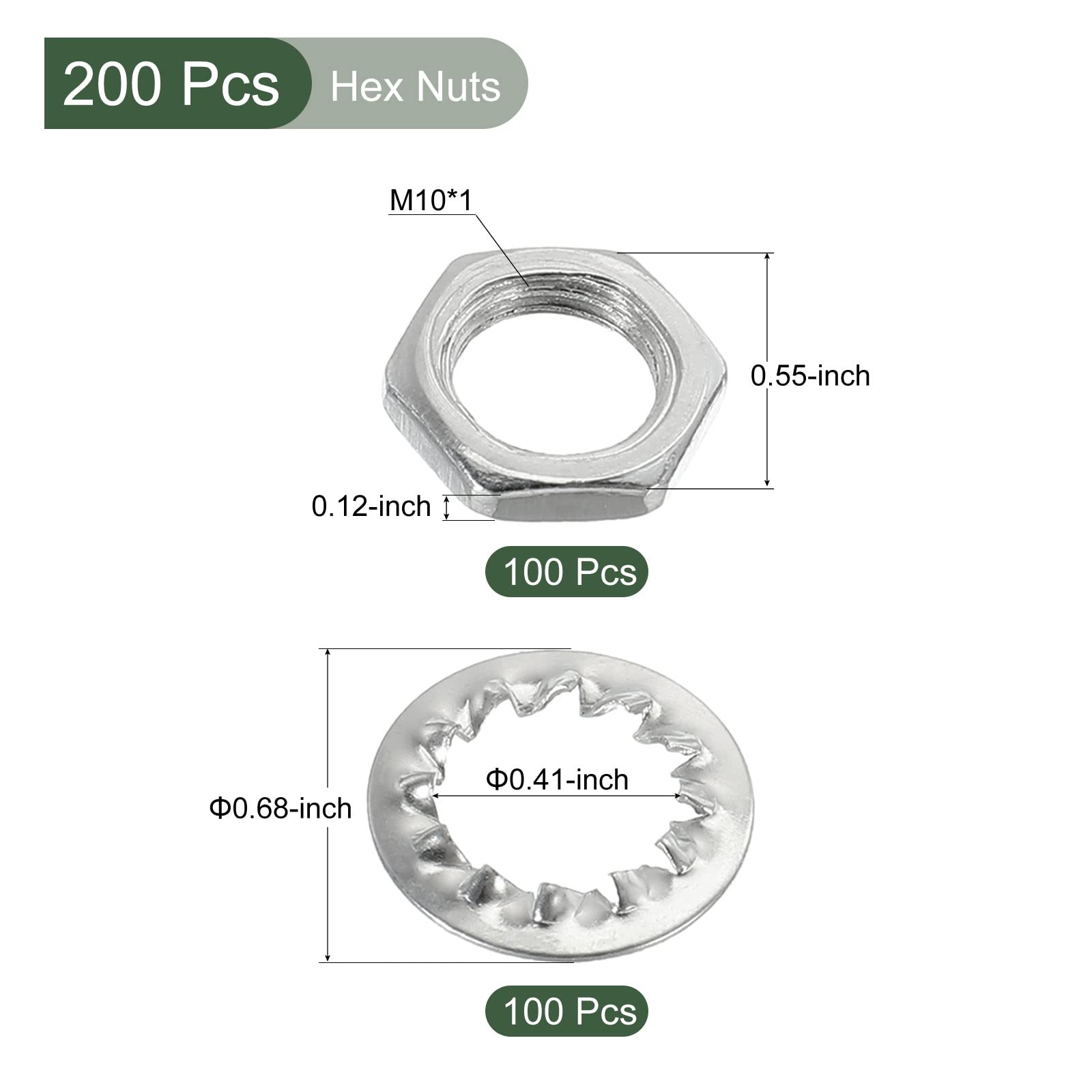 YOKIVE 200 Pack Lamp Tubes Thread Nuts, M10 Screws Threaded Hexagon Nuts Fastener with Washers, Great for Ceiling Lights DIY Projects - Image 2