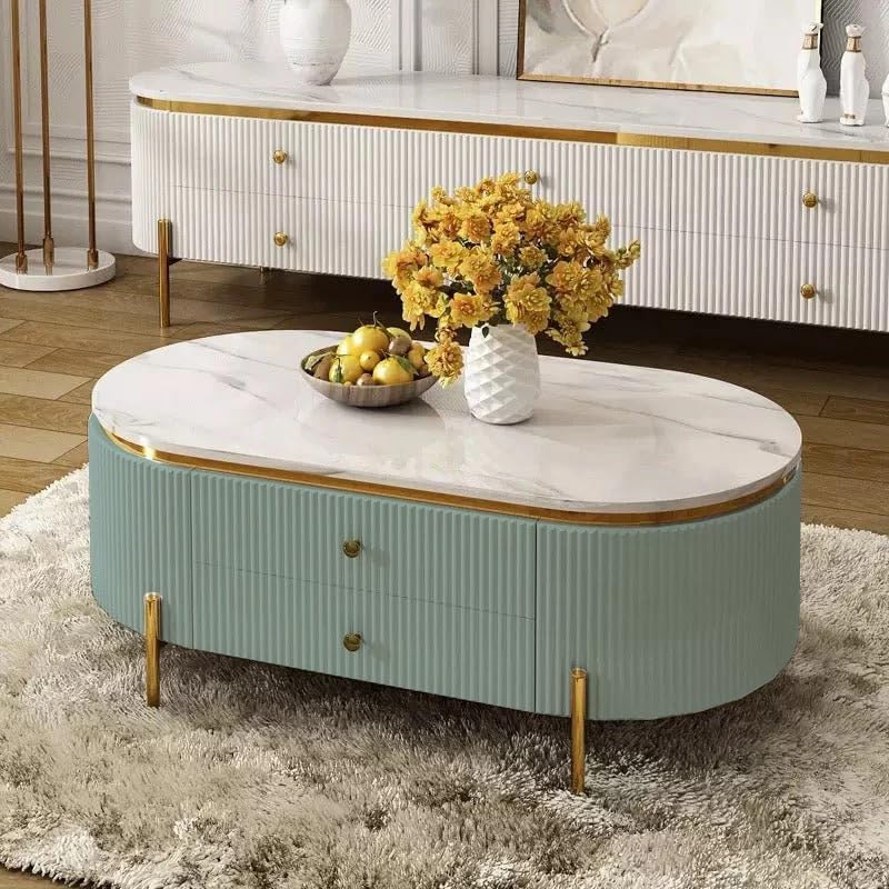 Image of Tesla Centre Table, White Marble Top with Gold Trim, Oval Modern Coffee Table with 2 Drawer Storage, Waterproof Plywood Base, PVD Metal Legs, for Living Room (Sky Blue)