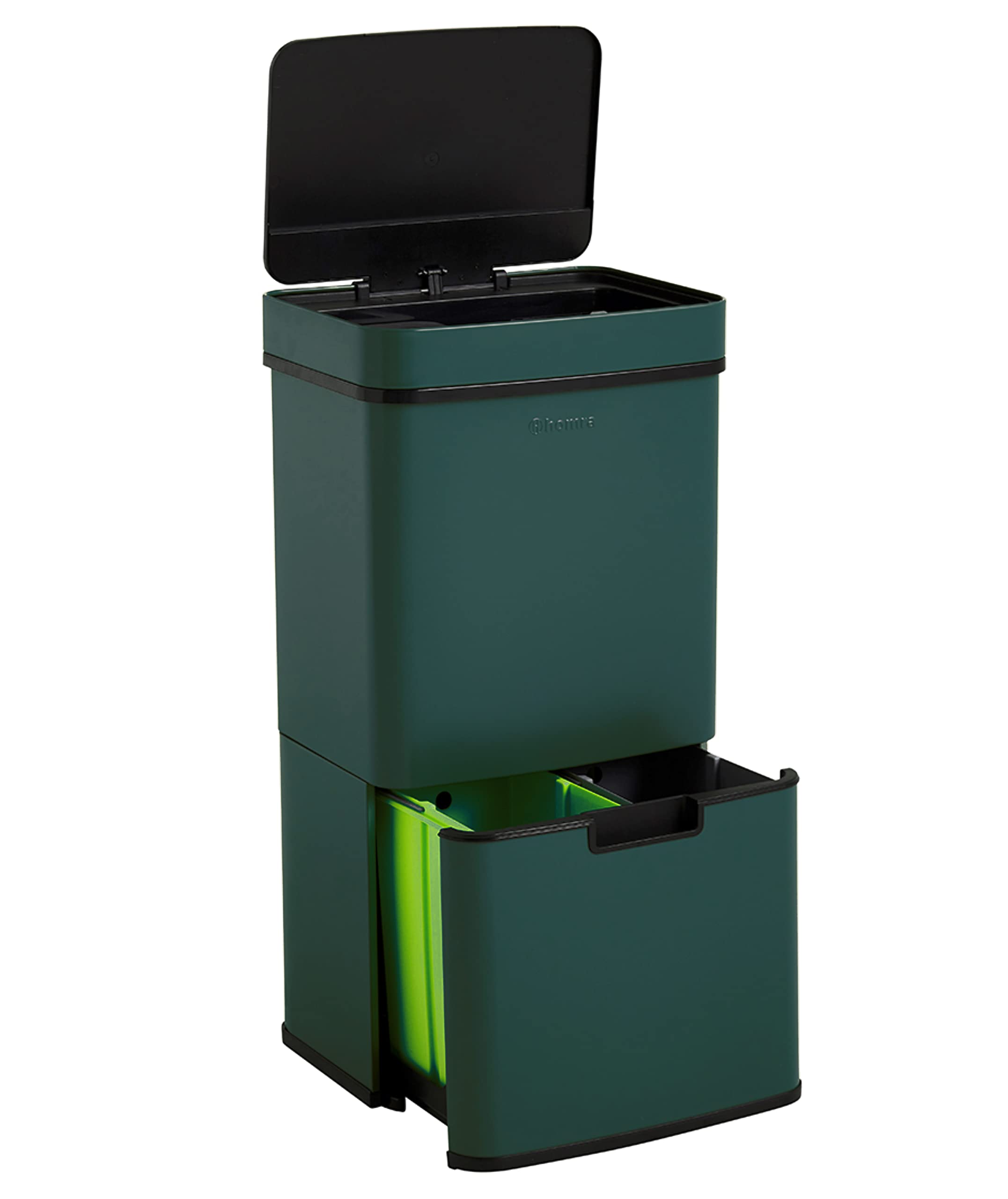 Homra Nexo | 3 Compartments Recycling Bin | 72 Litres (48 + 12 + 12) Sensor Bin | Stainless Steel Tower Bin for Kitchen | Green