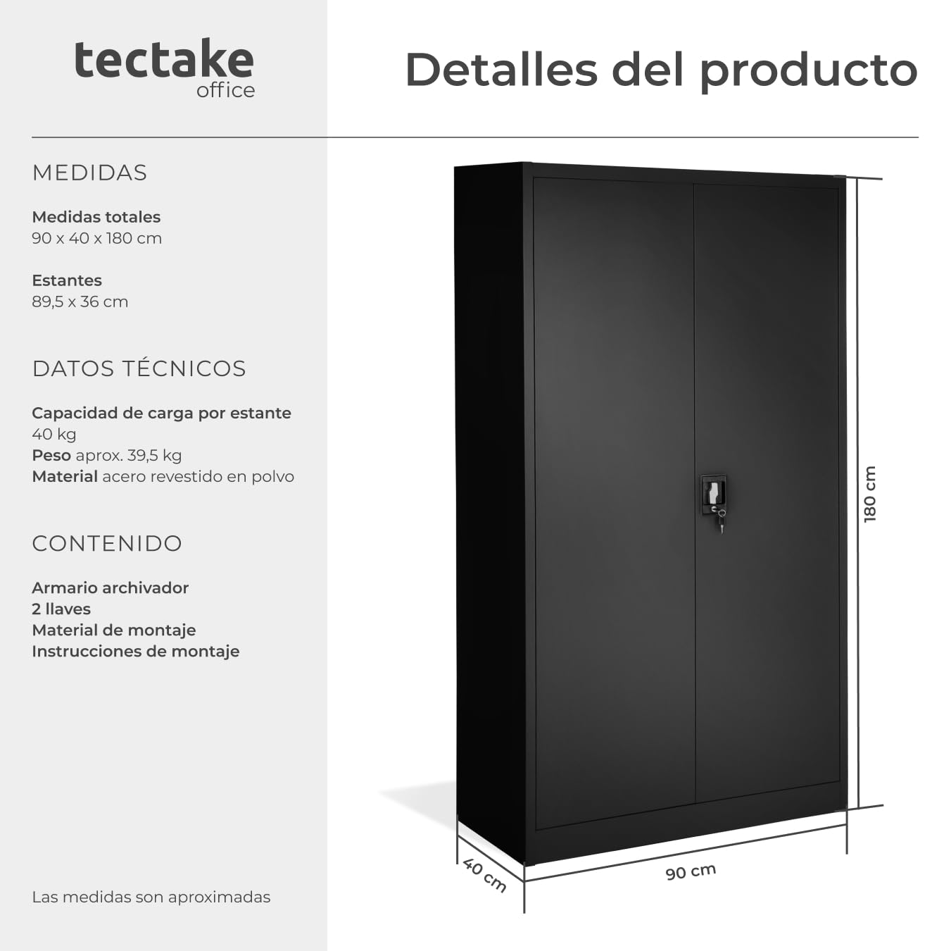 tectake® Armario Archivador Oficina en Acero 180x90x40 cm, Armario Exterior e Interior con Cerradura, Armario Multiusos con 2 Puertas, 4 Estantes Ajustables y 5 Alturas, Fácil Montaje - Negro