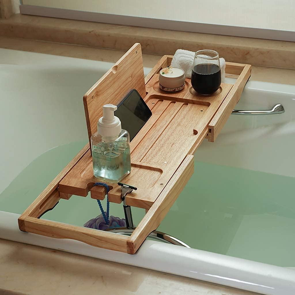 Bandeja de madera de bambú para tina, estante multifuncional para bañera retráctil