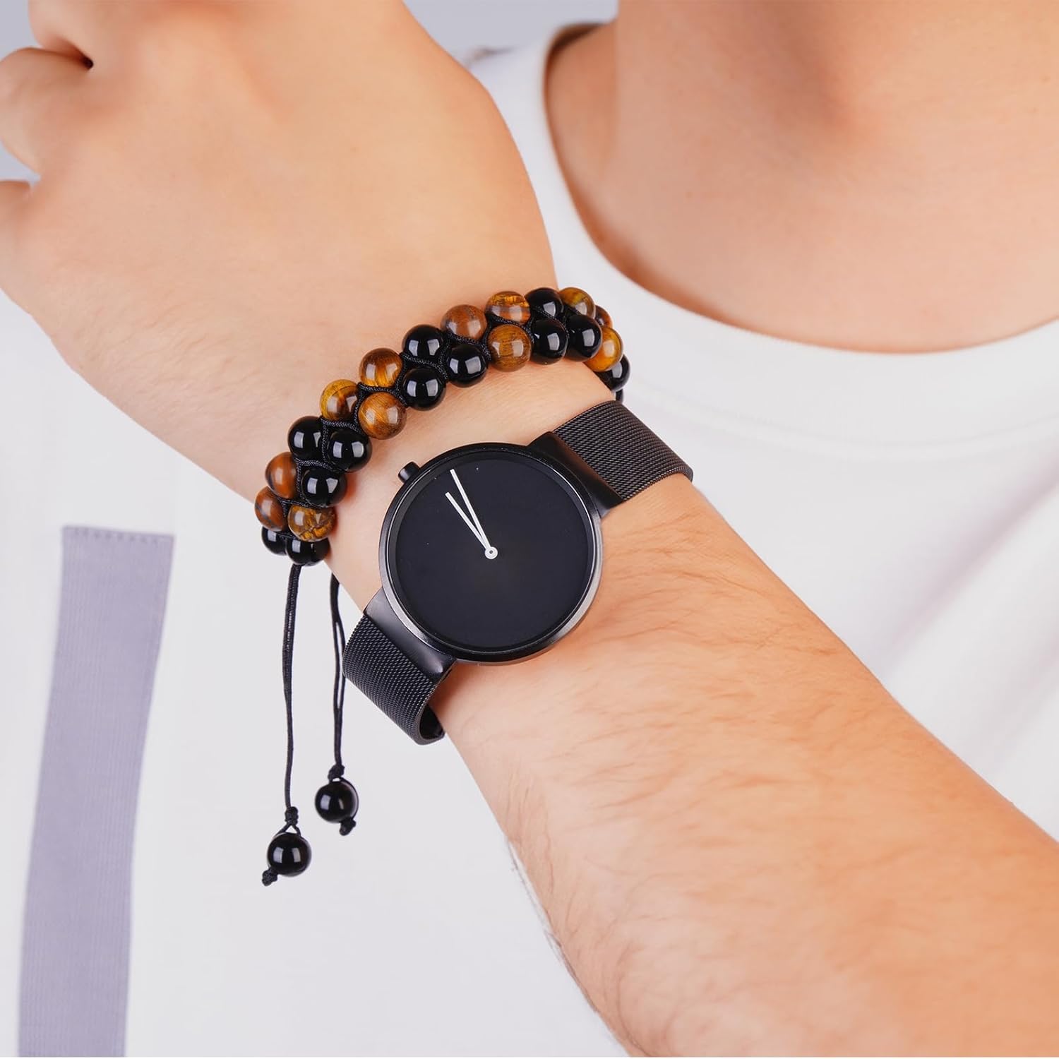 Handmade Double Protection Bracelet - Men & Women's Crystal Bracelet with Tiger Eye, Hematite - 8mm Natural Stone Beads Bring Good Luck, Prosperity, Happiness - Image 2