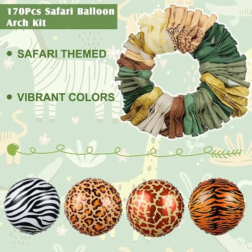170Pcs Jungle Safari Balloons Arch Garland Kit, Sage Green Brown Foil Animal Print Balloons Palm Leaves Wild One Safari Baby Shower Decorations for Boys Tropical Woodland Birthday Party Supplies