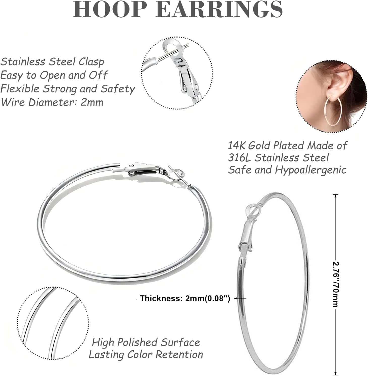1 Pairs 60/70mm Silver 14K Gold Rose Gold Hoop Earrings for Women Hypoallergenic Stainless Steel Lightweight Big Hoops Shiny Dangle Earrings Trendy Jewelry Gifts - Image 4