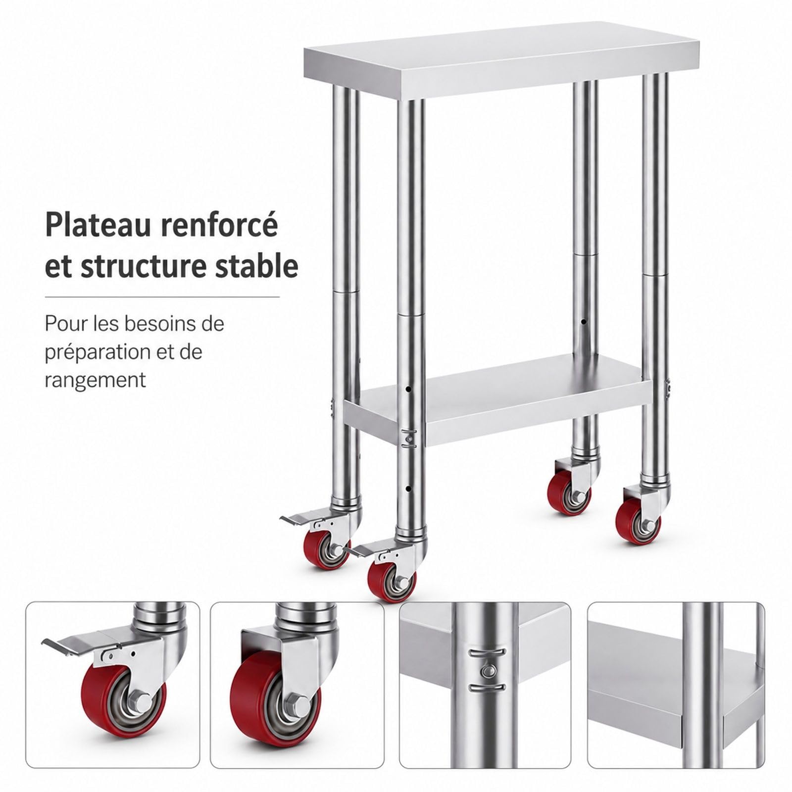 Table de Travail en Acier Inoxydable avec roulettes et Pieds réglables pour Cuisine et Atelier