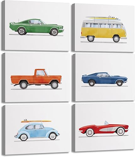 BBQCBA 6 piezas de lienzo para cuarto de bebé, arte de pared retro de transporte en acuarela, imágenes para niños, vehículos, carteles impresos para