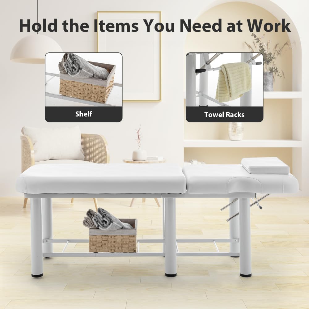 Professioneller Massagetisch, Rückenlehne verstellbar, abnehmbare Kopfstütze, untere Regalaufbewahrung, Memory Foam Layer Salon Bed, Weiß