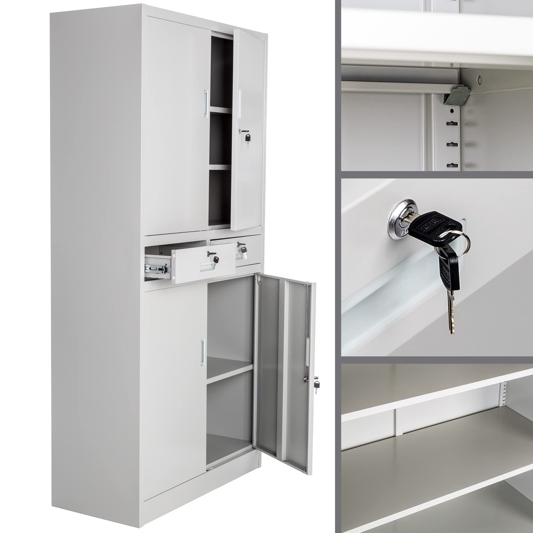 tectake® Armario Archivador Oficina en Acero, Armario Exterior e Interior con Candado Seguridad, Armario Multiusos con 5 Alturas, 4 Puertas, 2 Cajones, 3 Estantes Ajustables, 180x90x40 cm - Gris