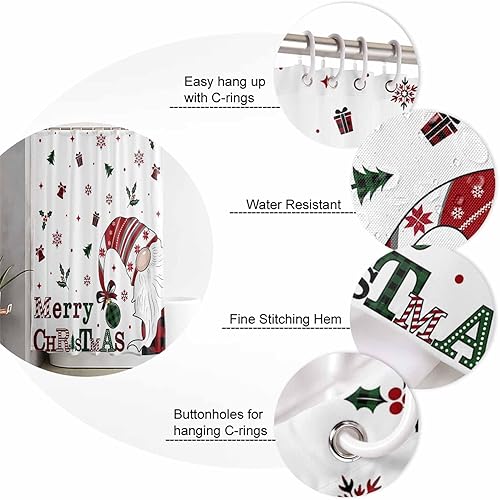 Miniatura 6 de zzsunfeel Juego de cortinas de ducha impermeables con 12 ganchos, caja de regalo de gnomo de Feliz Navidad, campana, copos de nieve, bayas, 72 x 72