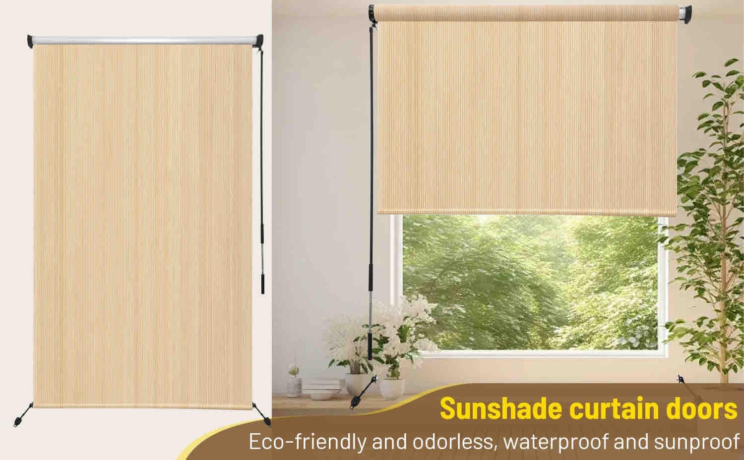 Outdoor Roller Shade, Cordless Roller Shade with 90% UV Protection, No Valance, (4' W X 6' L), Outdoor Roller Shade Fabric Blind, Operation Exterior Roller Shade Cloth for Patio Porch Gazebo, Beige