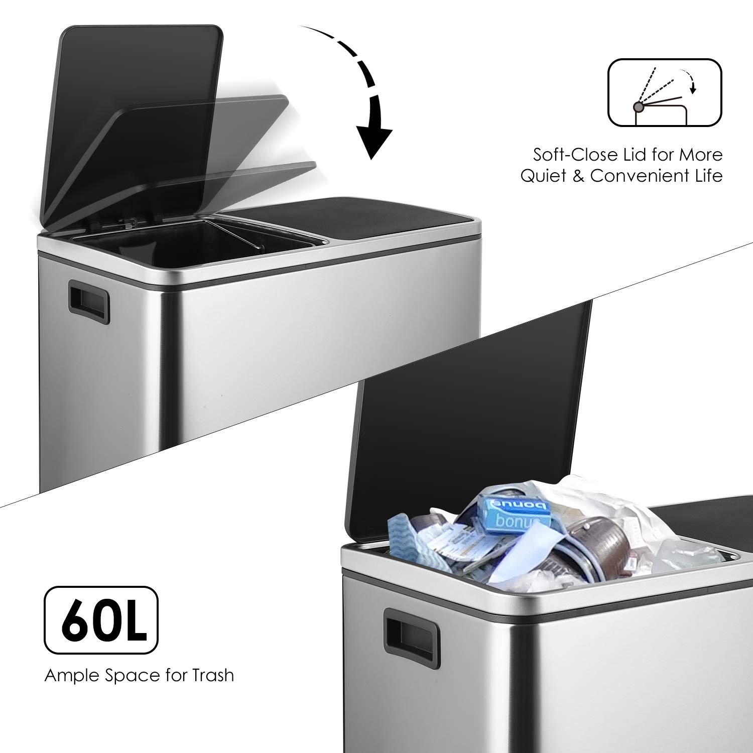Dual Step Trash Can, 16 Gallon (60L) Classified Recycle Garbage Bin, 2