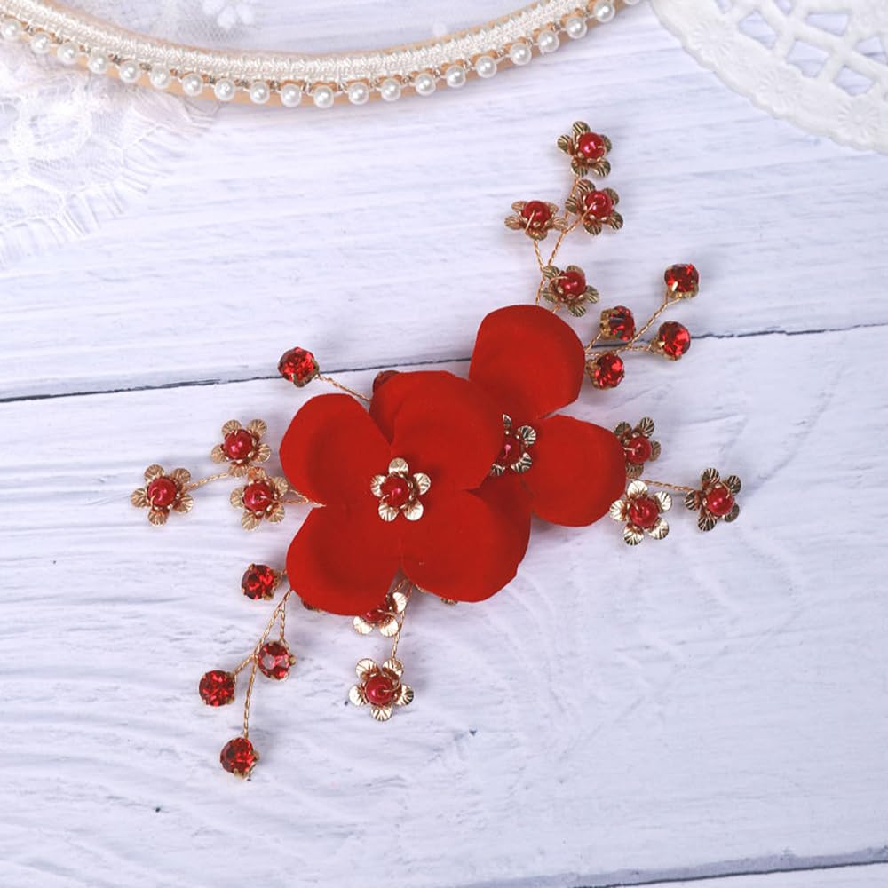 Teyglen Red Flower Wedding Hair Clip Pin Rhinestone Bridal Hair Clip Handmade Red Crystal Pearl Hair Barrette Wedding Headpiece Hair Accessories for Women