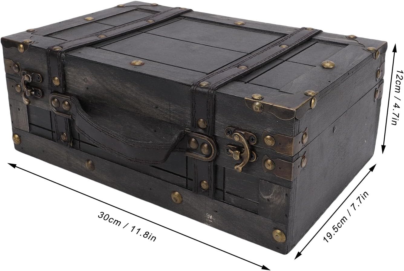 AUNMAS Wooden Treasure Chest, Antique Decorative Wood Storage Trunk with PU Leather Handle & Hinged Lid for Keepsakes Home Decor and Photography Prop, Gray, 11.8 x 7.7 x 4.7 inches