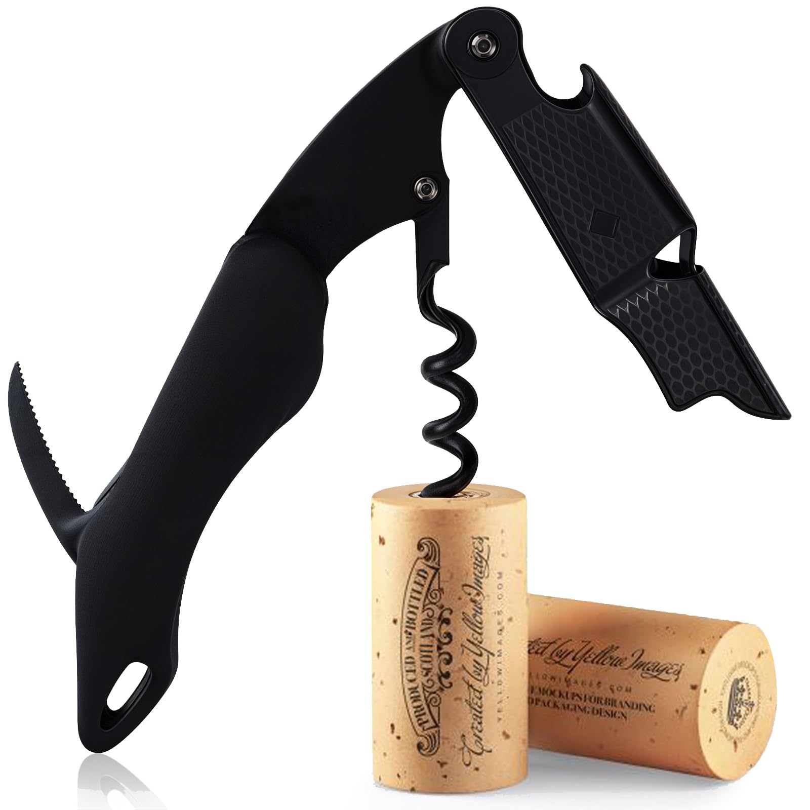 FLOW Barware Cavatappi, cavatappi, apribottiglie e tagliacapsule 3 in 1, multiuso, in acciaio, con vite in sughero per bottiglie di vino, colore nero